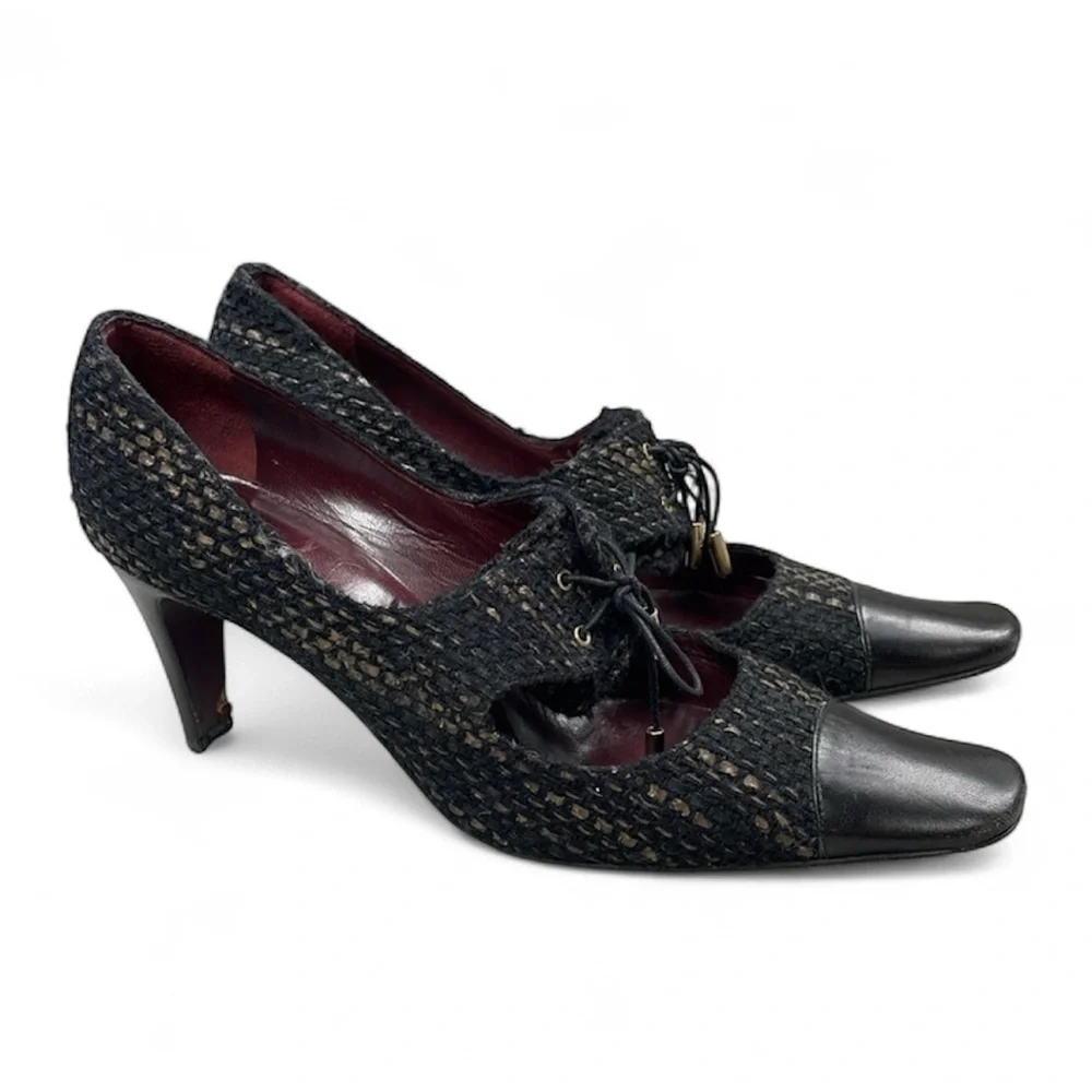 Vintage Chanel Tweed Squared Pointed Toe Lace Up Oxford Heels Sz 39.5